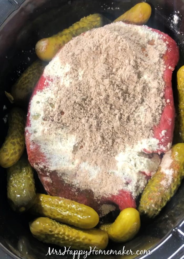 Dill pickle roast in the crockpot before cooking
