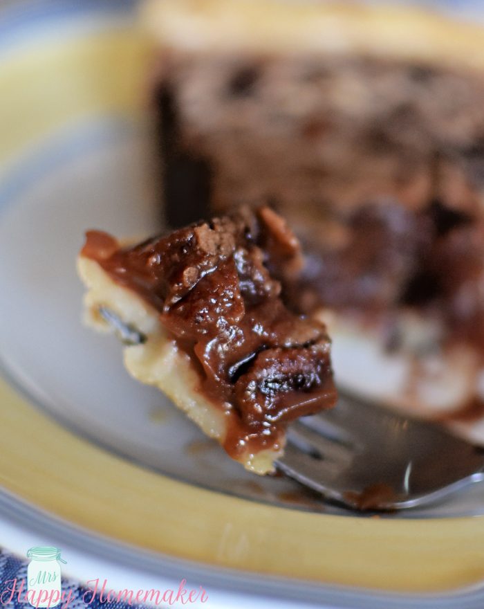 chocolate pecan pie on a fork 