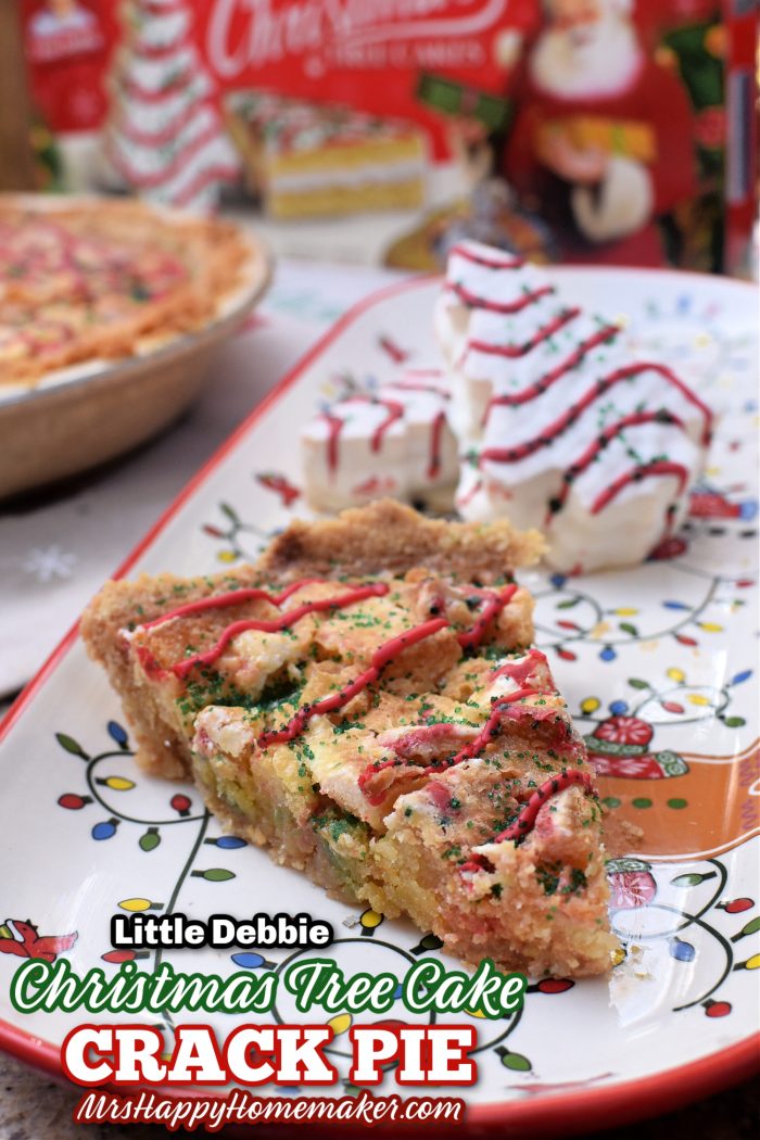 crack pie made from little debbie christmas tree cakes - sliced on a rectangle platter next to the snack cakes