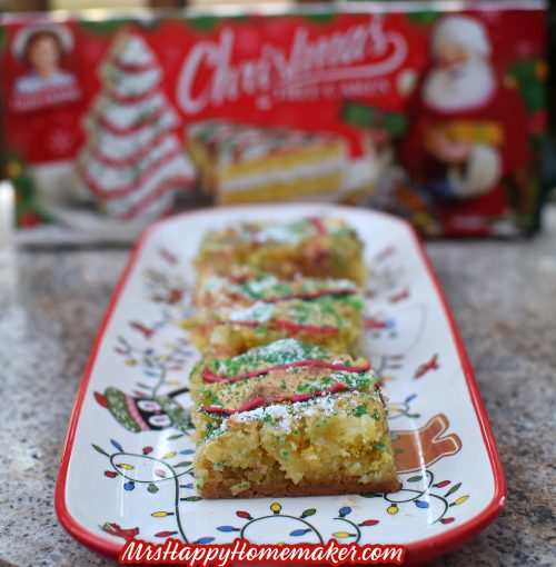 Christmas Tree Cake Gooey Butter Bars - three of them lined up