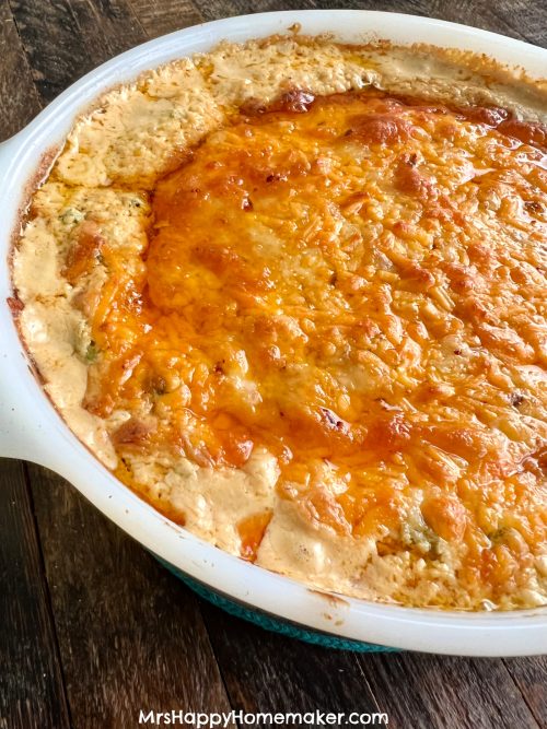 Baked shrimp dip in a round casserole dish