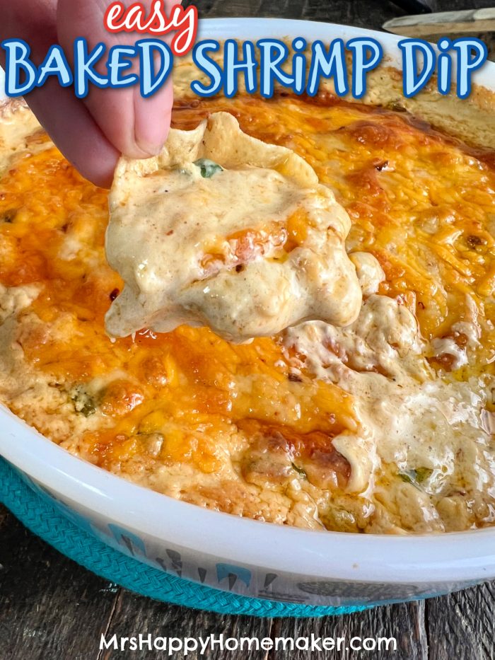 Tortilla chip being dipped into easy baked shrimp dip in a round casserole dish