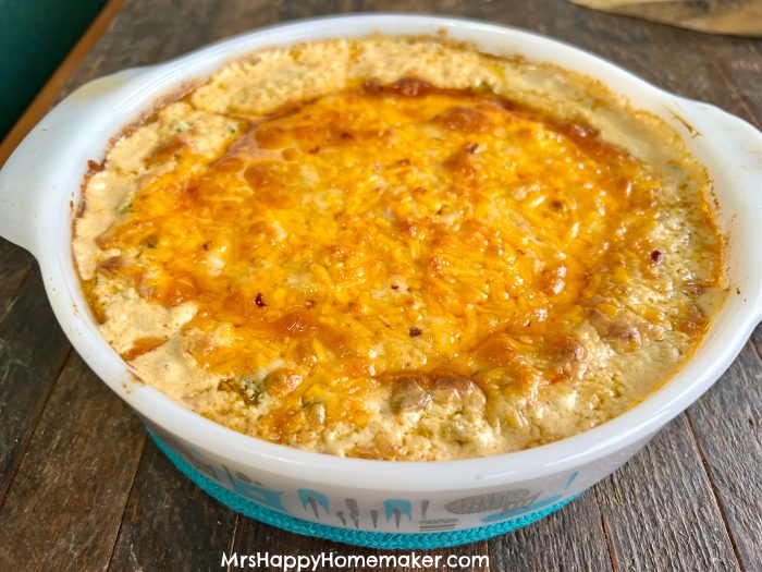 Baked shrimp dip in a round casserole dish 