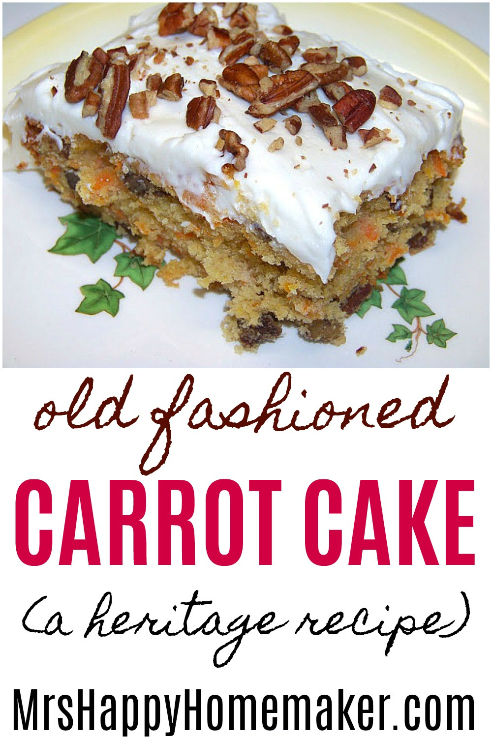 Carrot cake topped with pecans on a white plate with green leaves