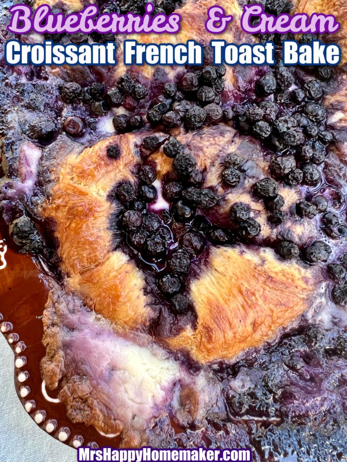Blueberries and cream croissant French toast bake in a casserole dish