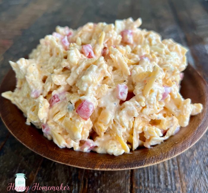Pimento cheese in a brown bowl 