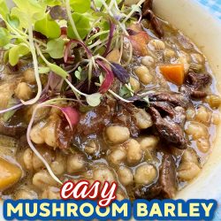 Easy mushroom barley soup in a white bowl, garnished with sprouts