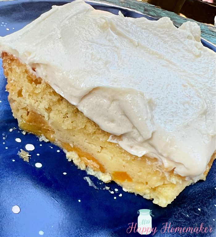 Quick and easy peach cake on a blue plate