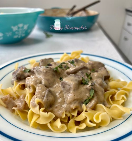 Beef stroganoff in a white dish with a blue rim on a countertop