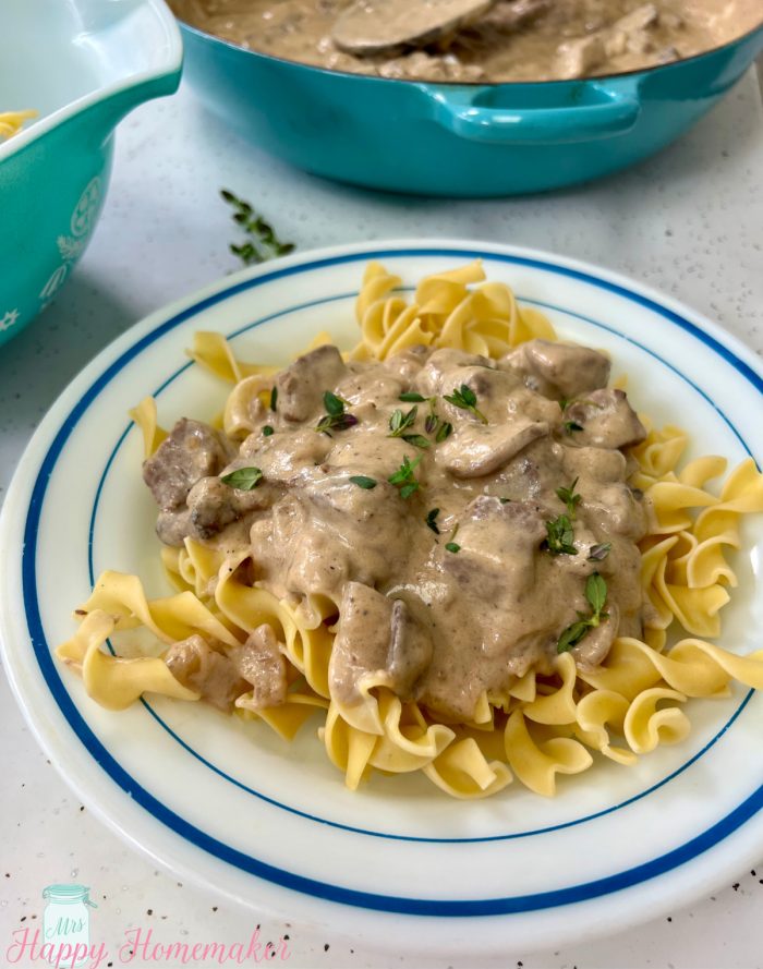 Beef stroganoff in a white dish with a blue rim on a white countertop 