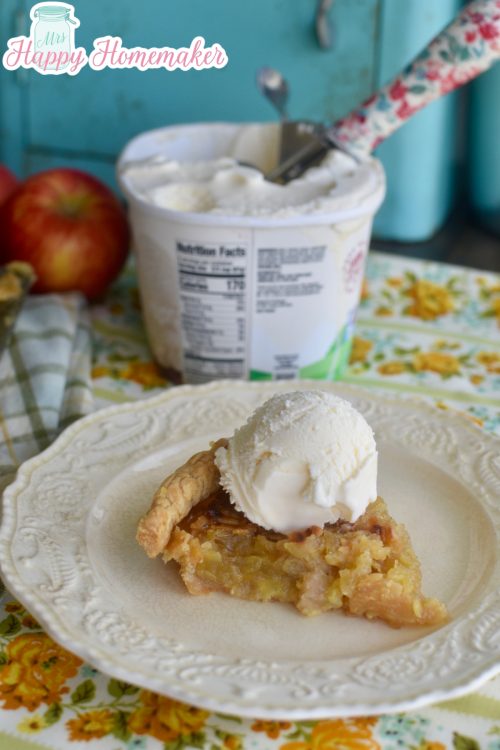 Shredded apple pie on a white plate With a container of vanilla ice cream next to it