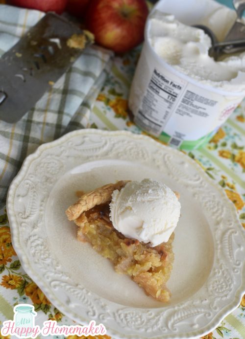 Shredded apple pie on a white plate With a container of vanilla ice cream next to it