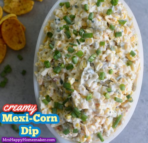 Creamy Mexican corn dip in a vintage blue and white Pyrex dish