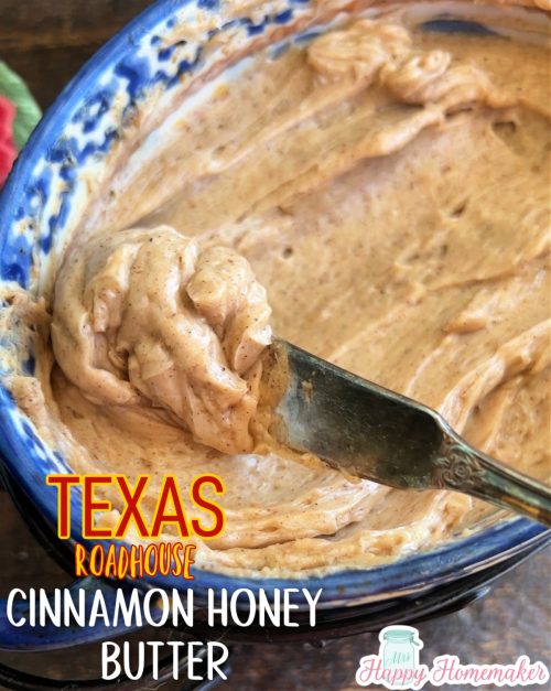 Texas Roadhouse Cinnamon Honey Butter in a blue dish with a spreading knife
