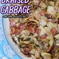 Braised cabbage in a blue pot with bacon