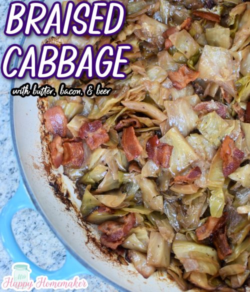 Braised cabbage in a blue pot with bacon