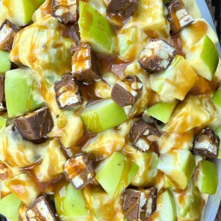 Snickers apple salad in a casserole dish