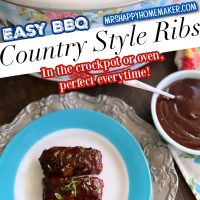 Easy BBQ Boneless Country Style Ribs in a crockpot with a blue rimmed plate with a few ribs on it too