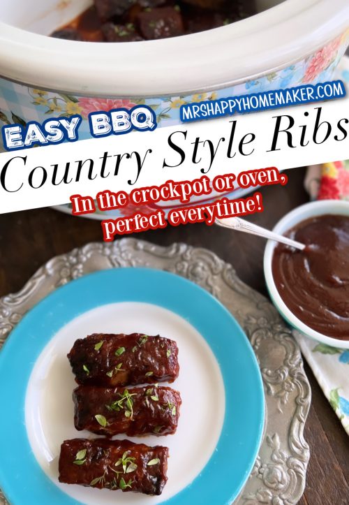 Easy BBQ Boneless Country Style Ribs in a crockpot with a blue rimmed plate with a few ribs on it too