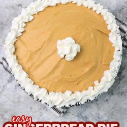 Gingerbread pie, with a whipped cream border, on a marble counter