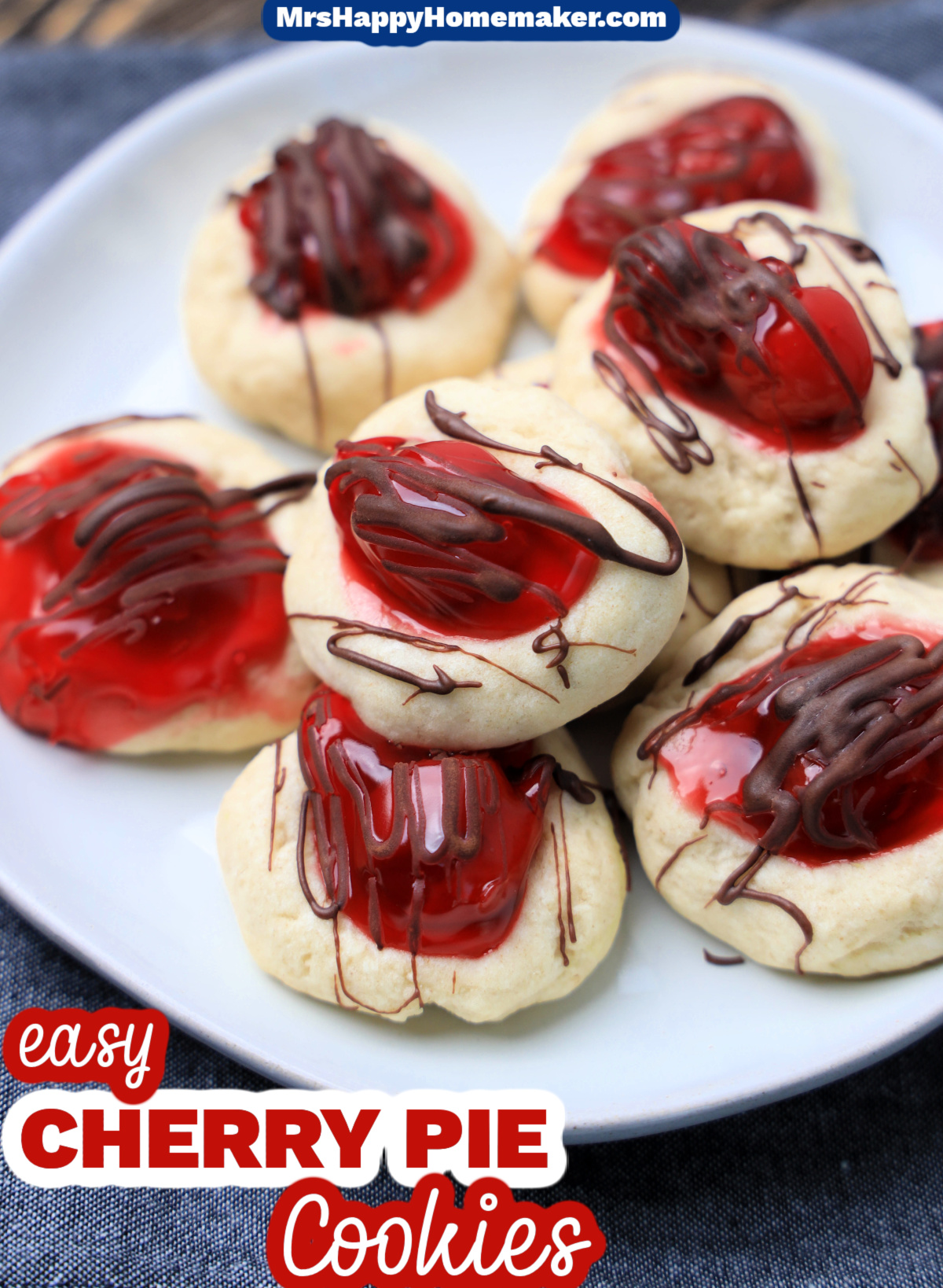 A white platter of cherry pie thumbprint cookies 