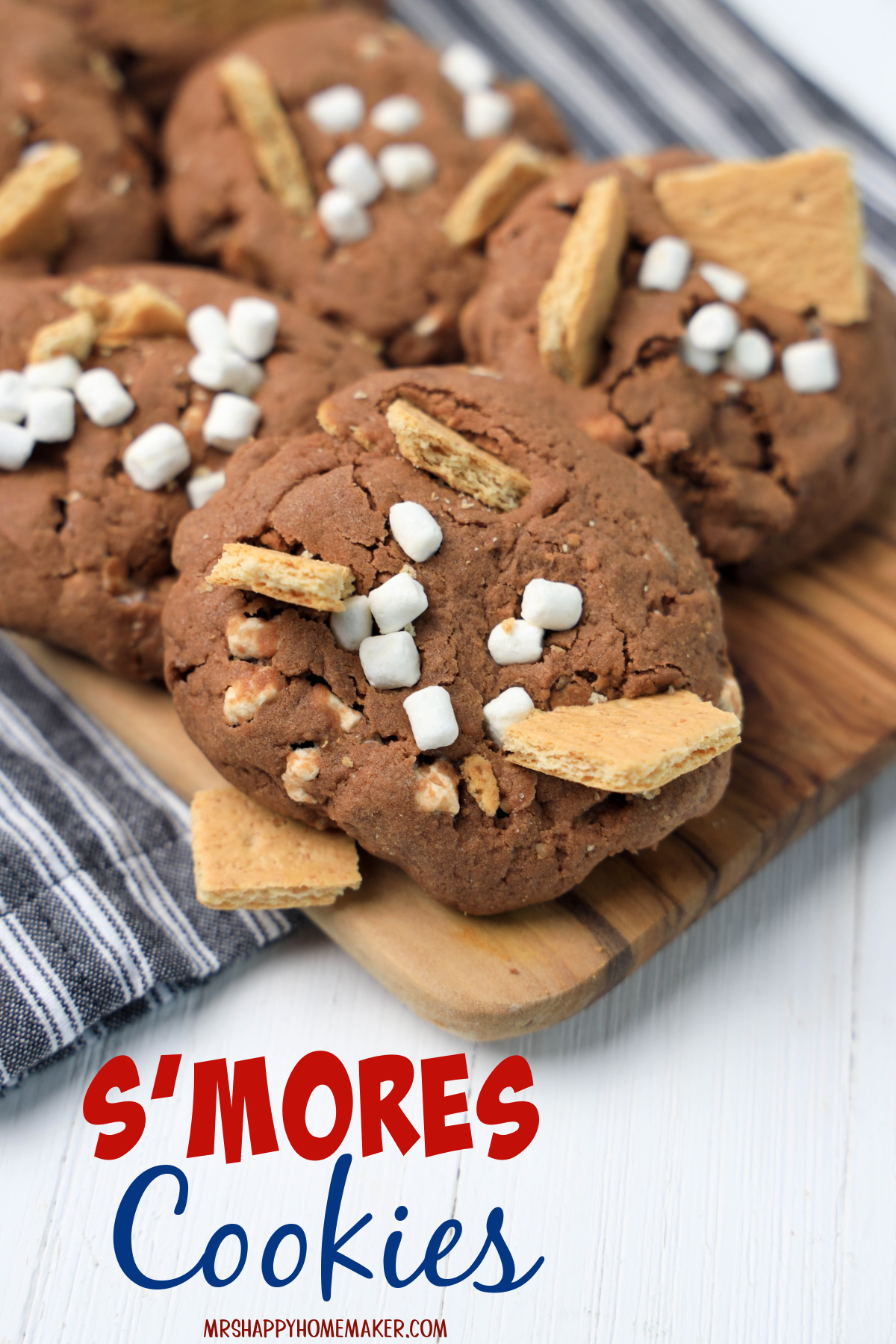 S’mores Cookies on a blue and grey striped towel