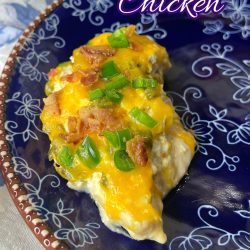 Jalapeno Popper Chicken on a blue floral lace plate