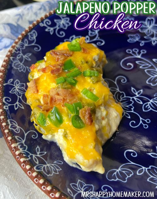 Jalapeno Popper Chicken on a blue floral lace plate