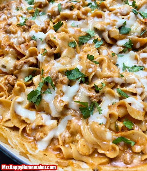 Closeup of cheesy taco pasta