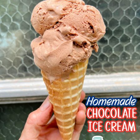 Chocolate ice cream in a cone with a hand holding it