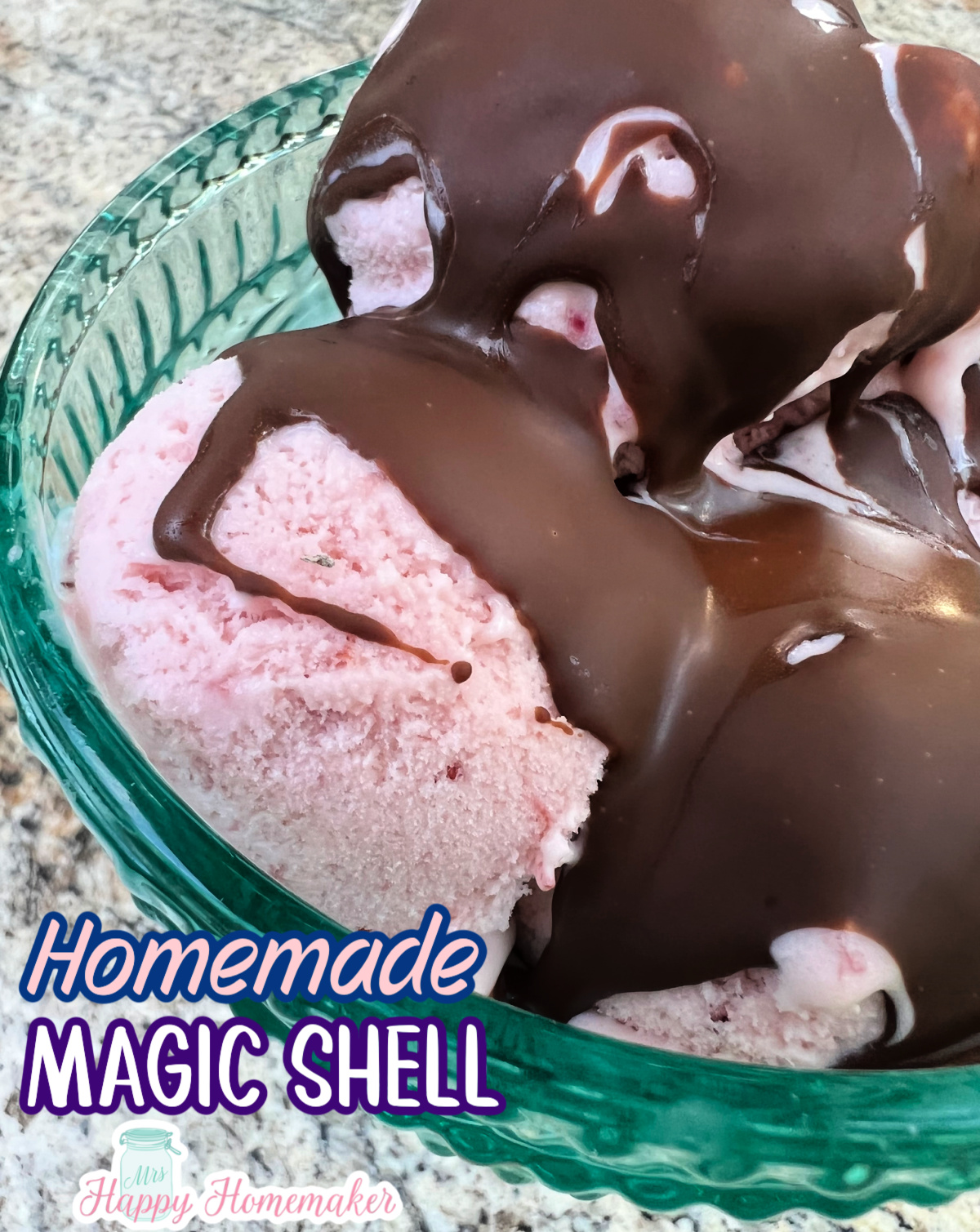 Chocolate magic shell topping over strawberry ice cream in a blue bowl