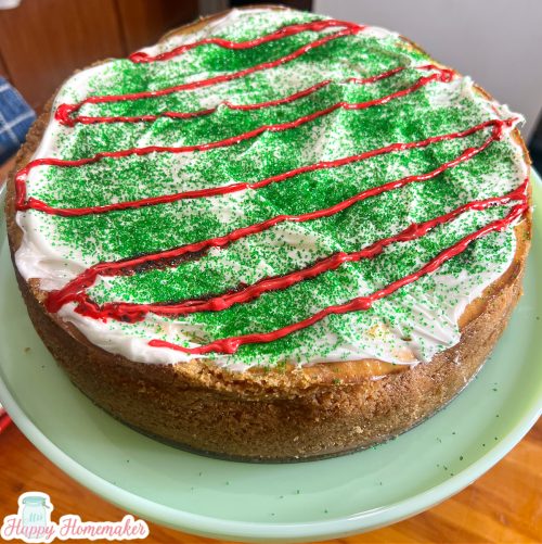 Little Debbie Christmas Tree Cheesecake On a jadeite cake stand