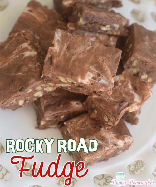 Rocky road fudge on a white milk glass plate