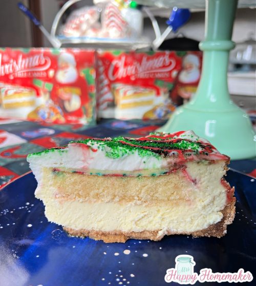Little Debbie Christmas Tree Cheesecake On a blue plate