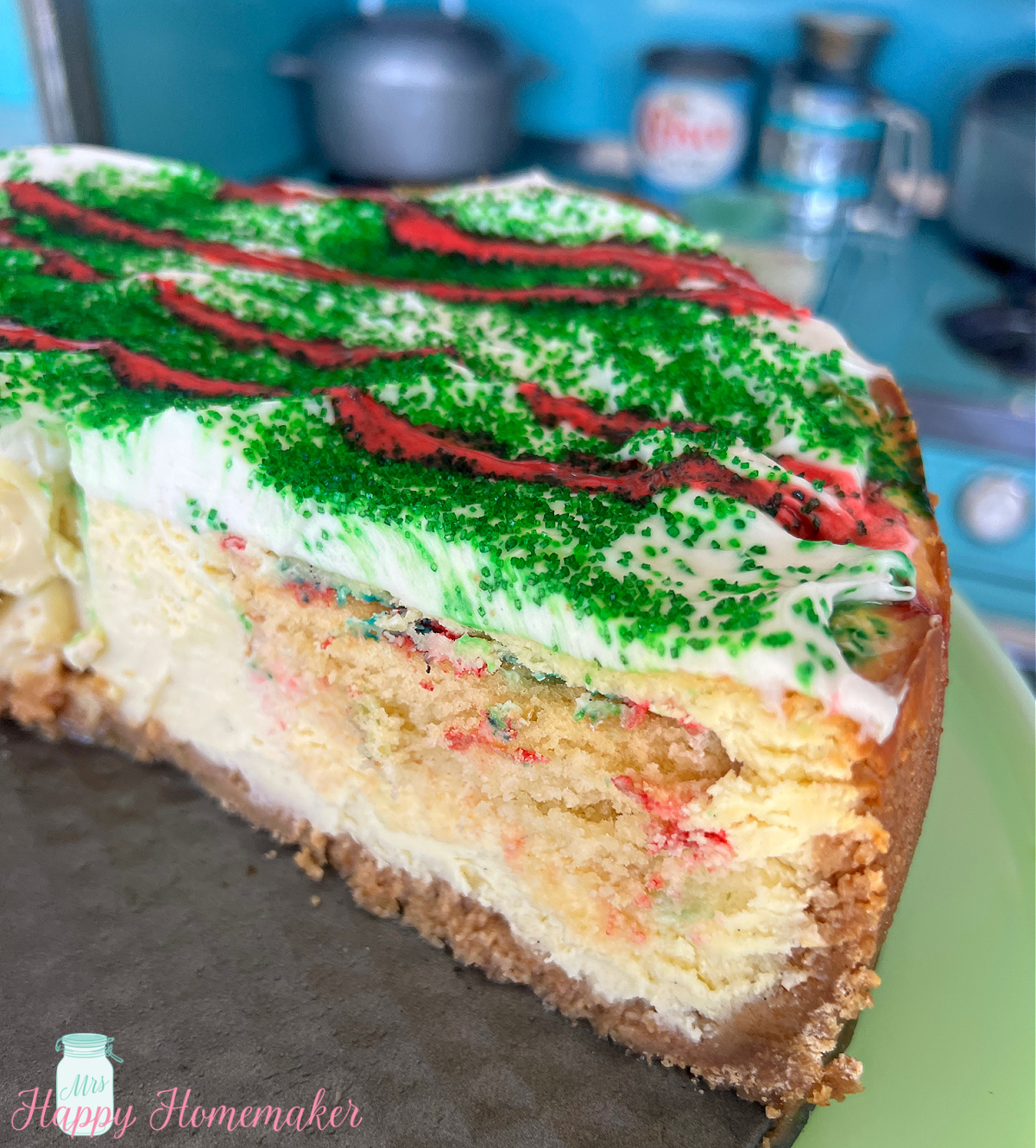 Little Debbie Christmas Tree Cheesecake On a jadeite cake stand
