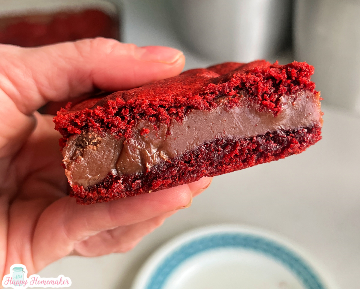 red velvet fudge bar being held in a hand with a white plate with blue rim behind it