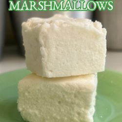 Two homemade marshmallows stacked on top of each other sitting on a green jadeite plate with a silver canister behind them