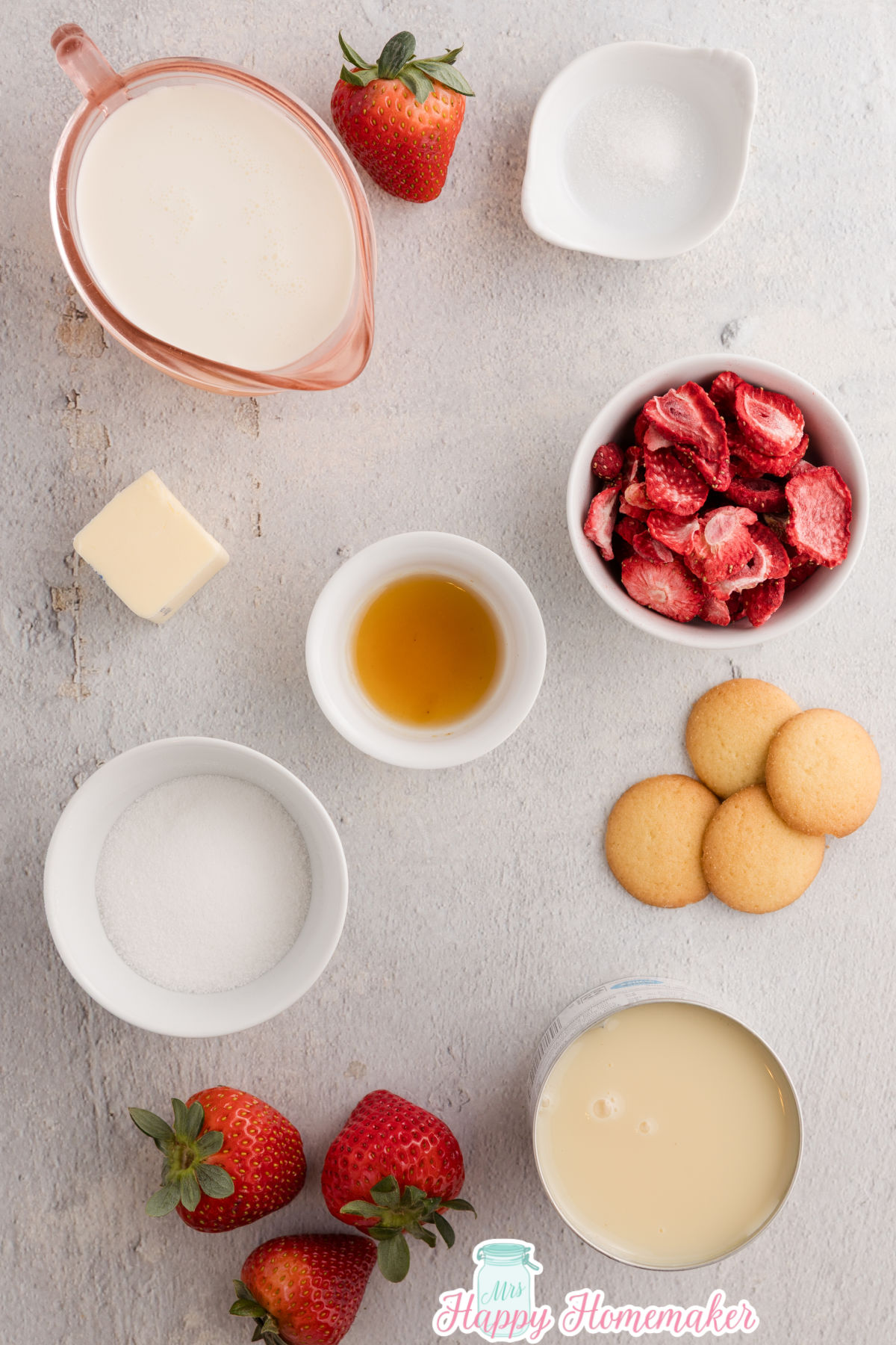 Strawberry Shortcake Ice Cream Bars ingredients laid out on a white counter