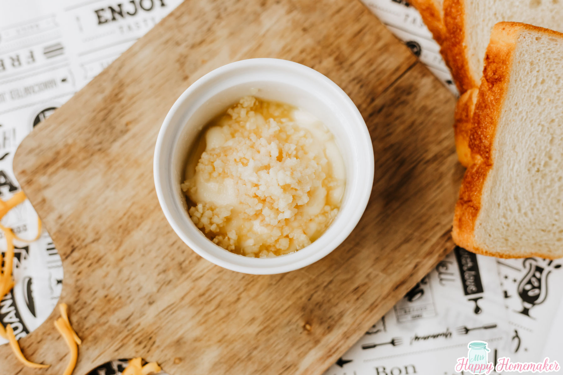 minced garlic mixture in a small white bowl