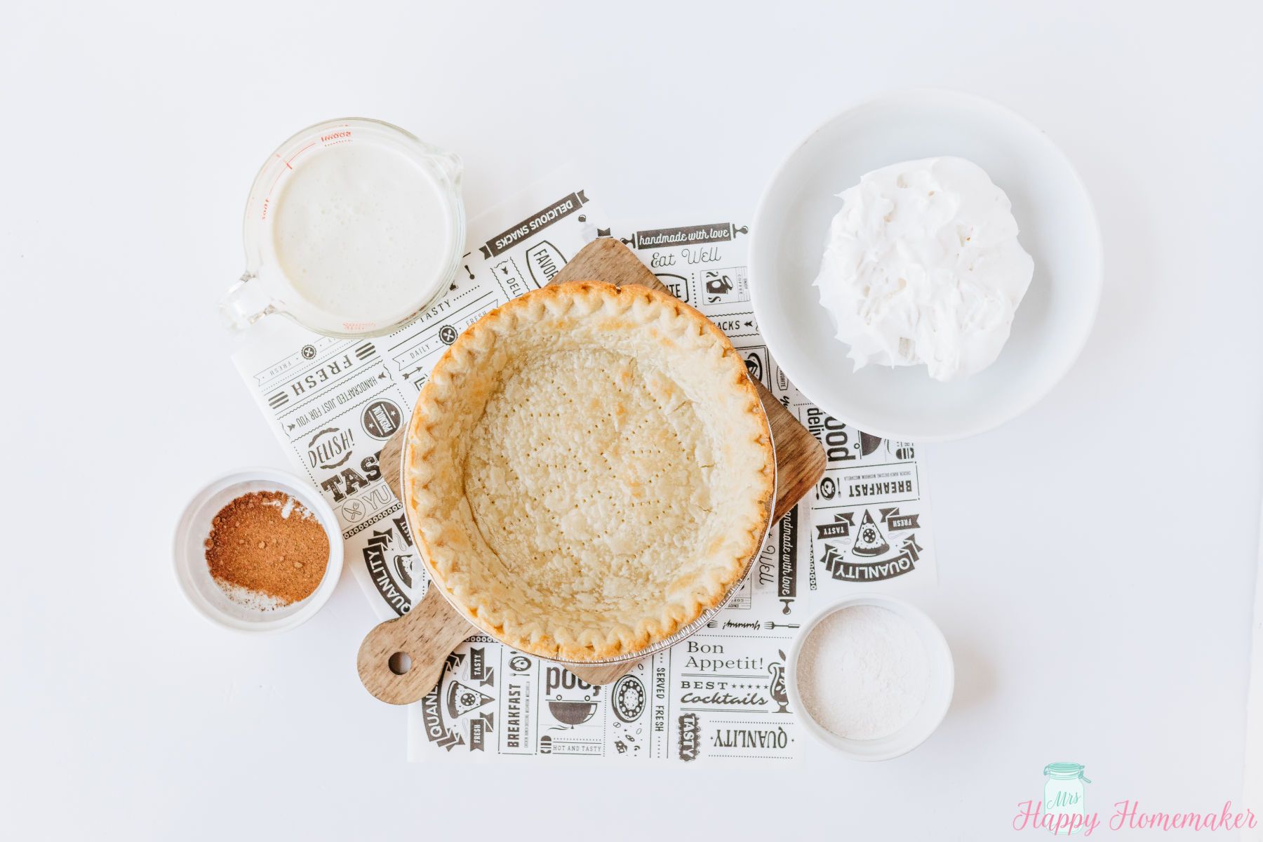 eggnog pie ingredients on a white countertop