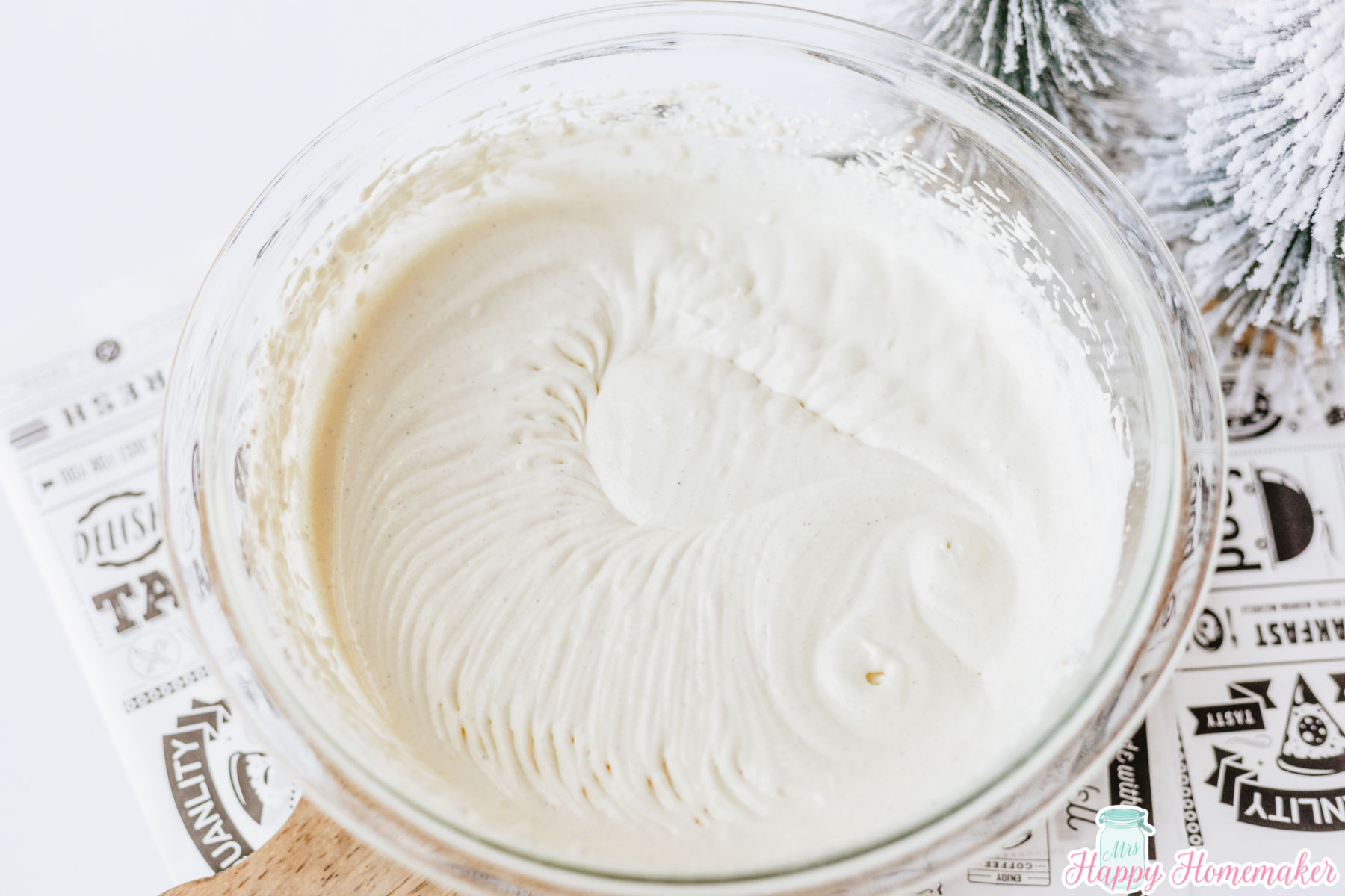 eggnog pie batter whipped in a clear bowl