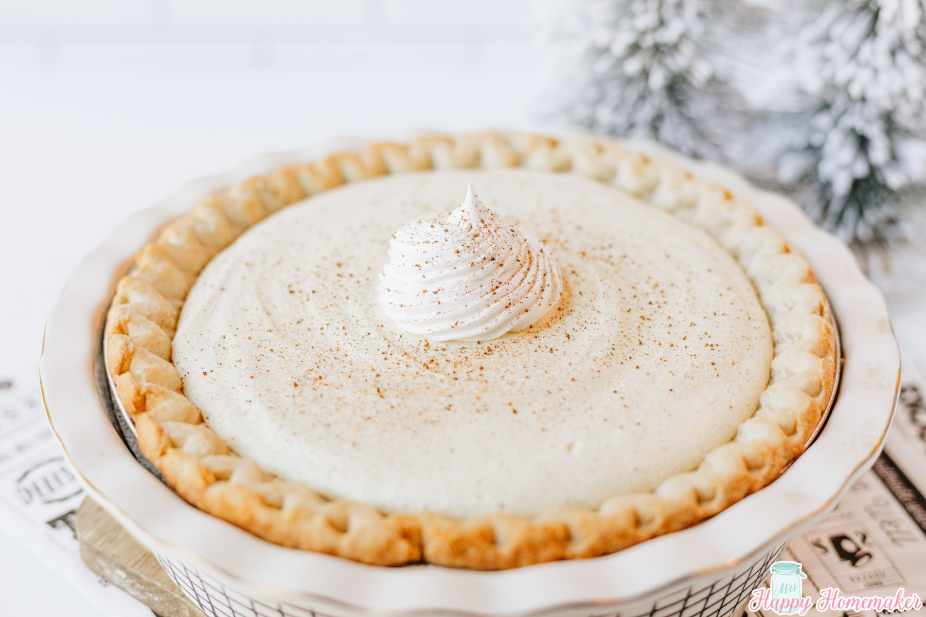 eggnog pie in a white pie dish