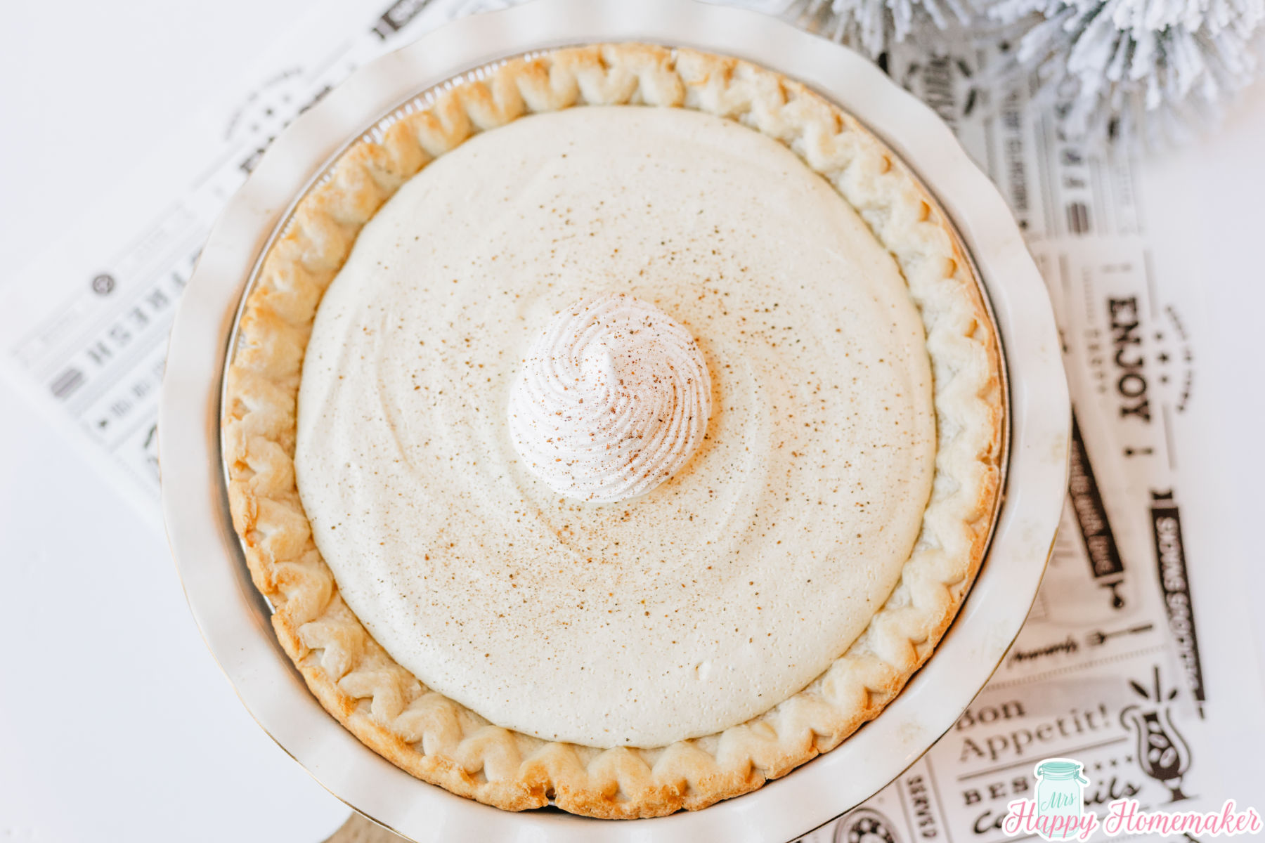 eggnog pie in a white pie dish