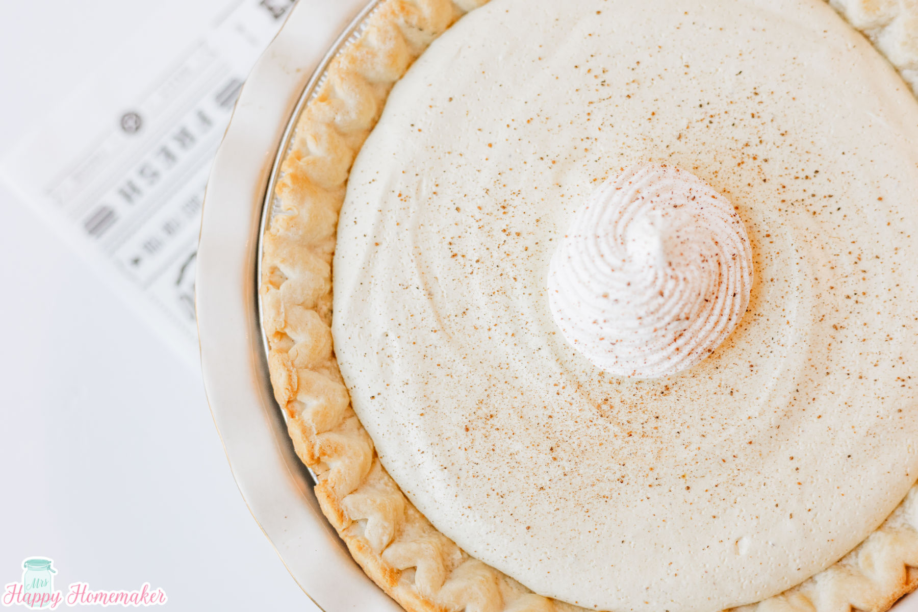 eggnog pie in a white pie dish