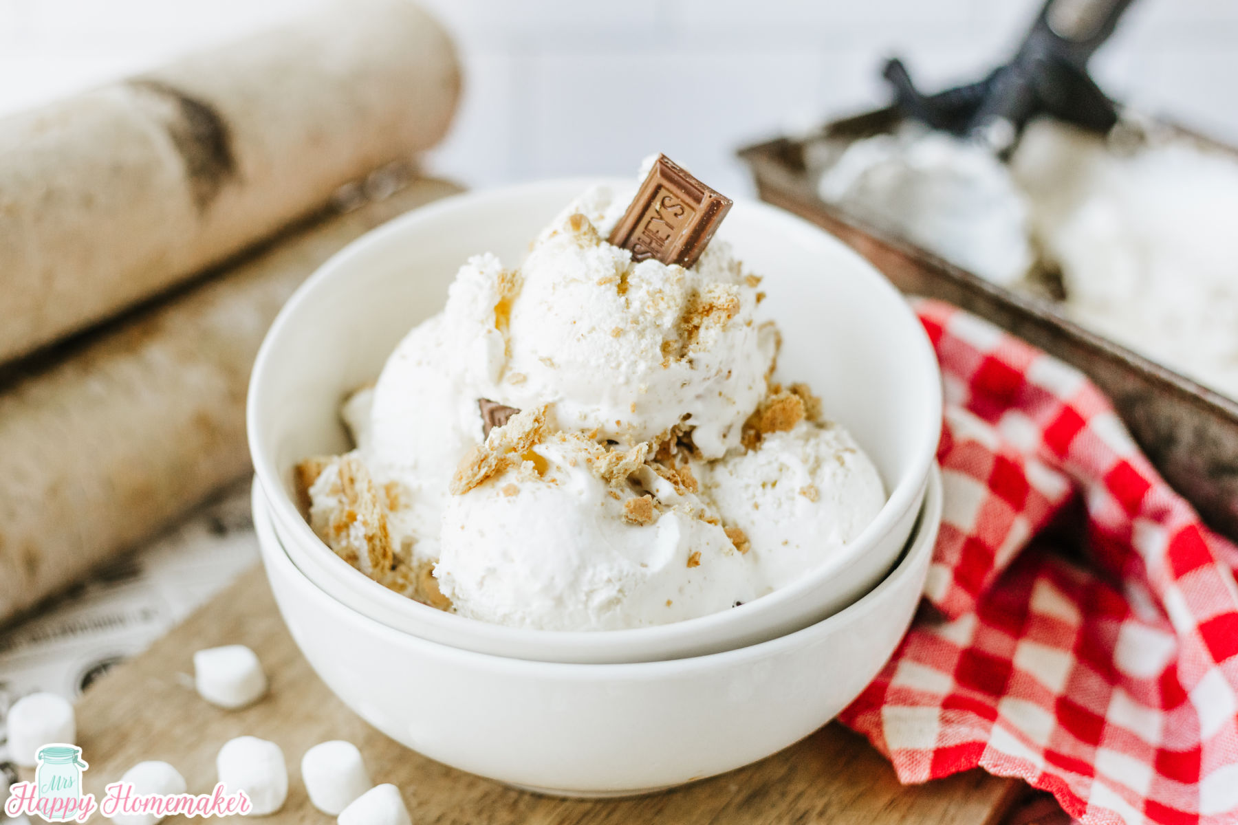no churn smores ice cream in a small white bowl