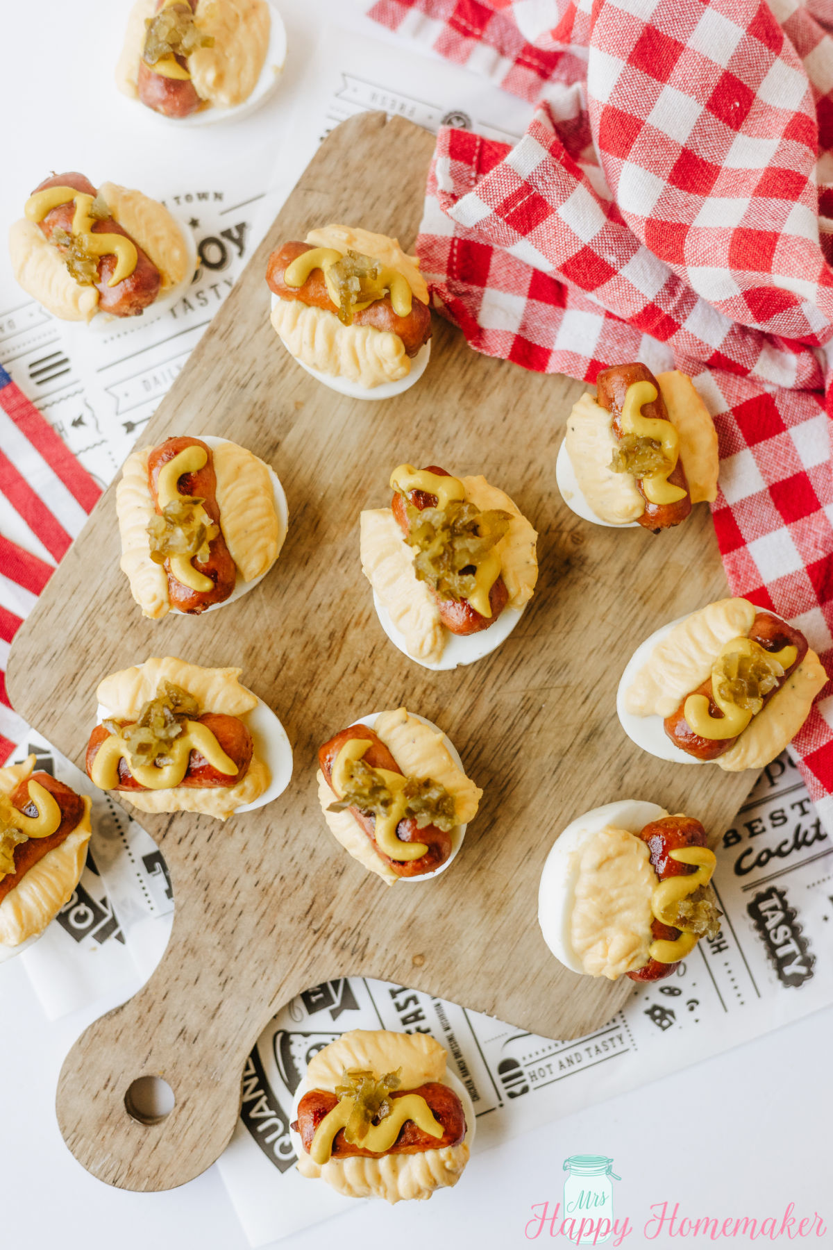 Hot Dog Deviled Eggs on a cutting board