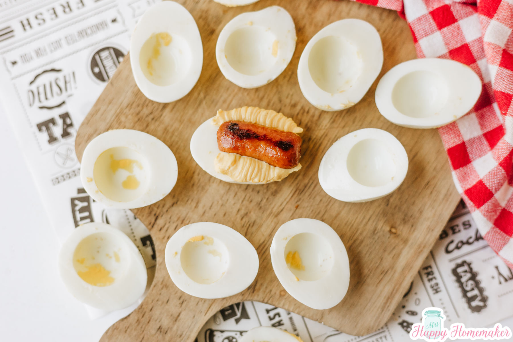 filling and topping Hot Dog Deviled Eggs