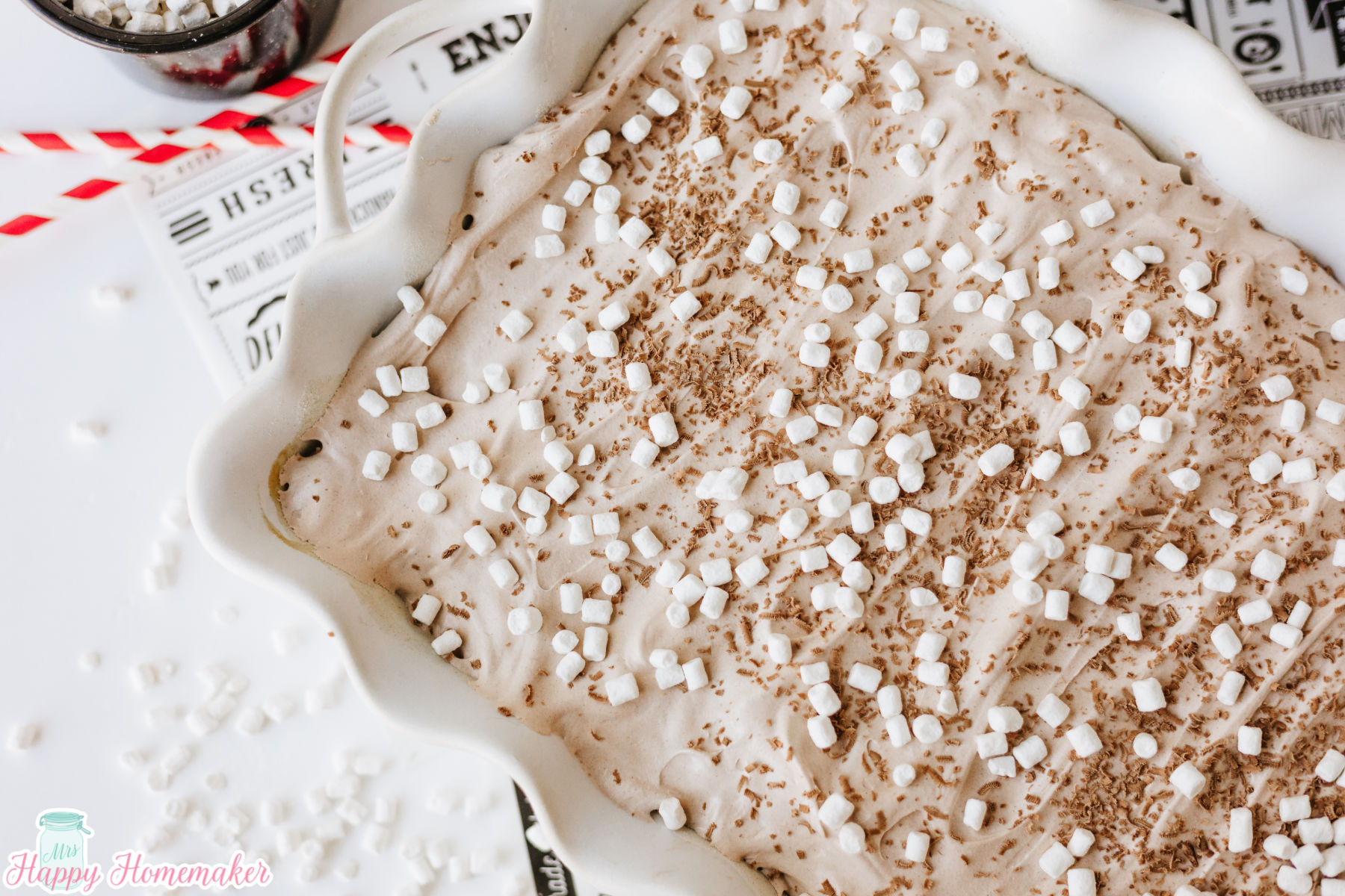 Close up of finished Hot Cocoa Poke Cake