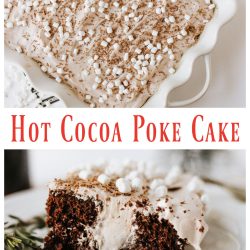Hot Cocoa Poke Cake collage of the entire cake on top and a piece of the cake on the bottom of the collage