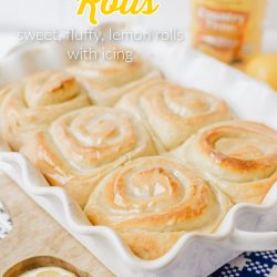 Lemon Rolls in a rectangle ruffled white baking dish